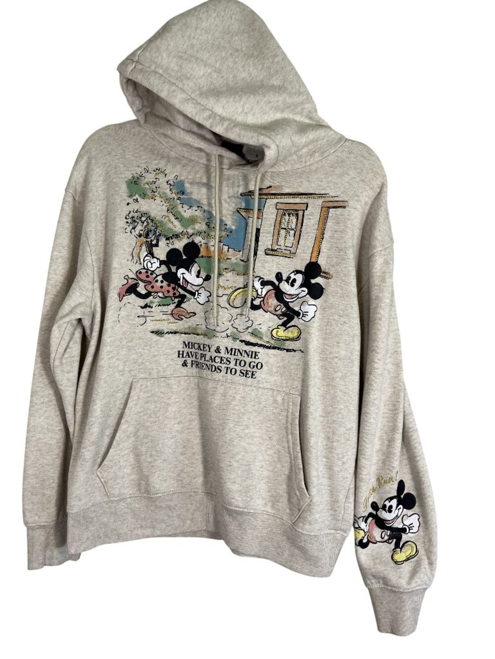 Disney Graphic Print Mickey Mouse Hoodie S Tan Theme Park Grunge Skater 90s